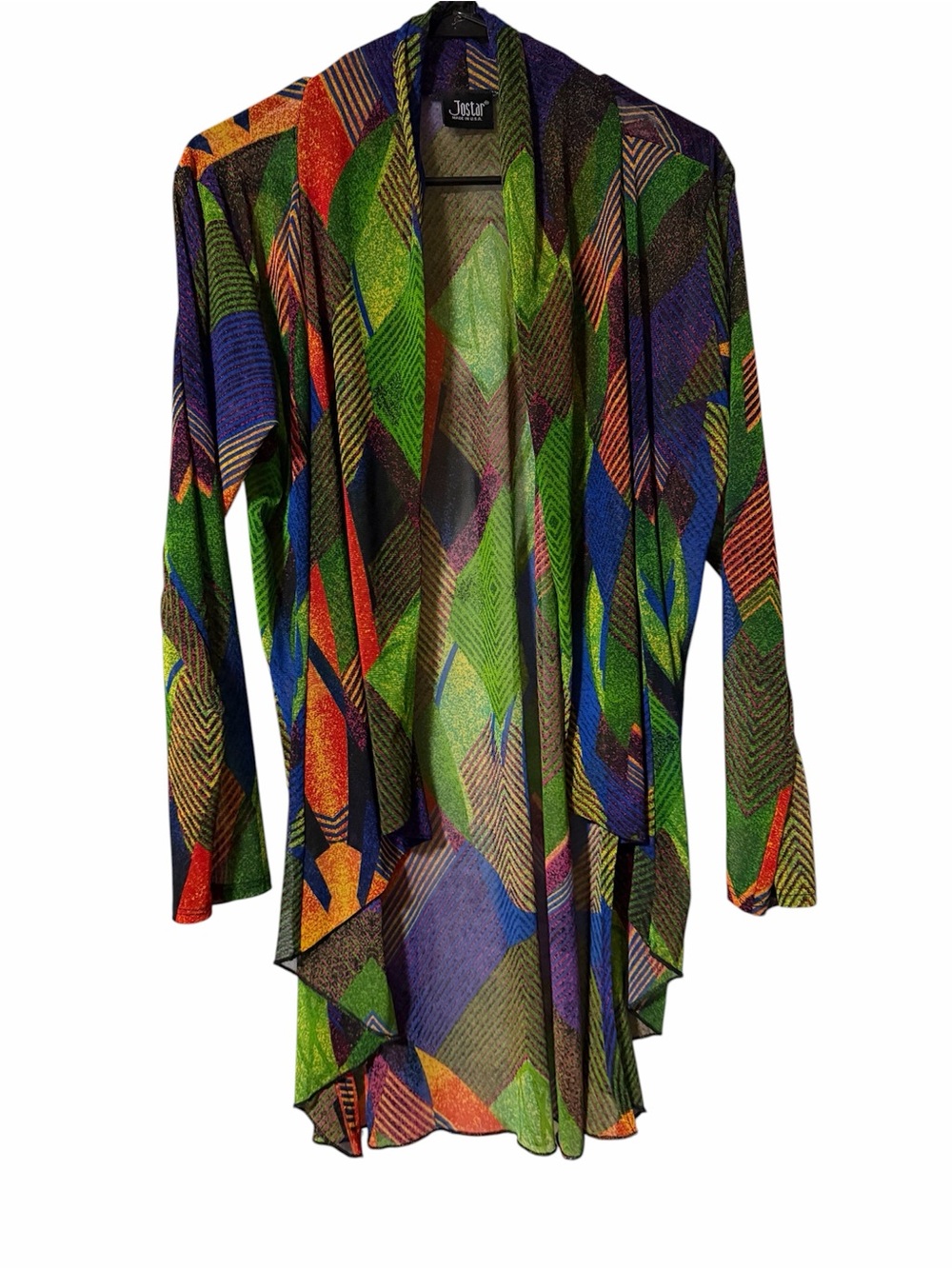Jostar Multicolor Geometric Open-Front Blouse Cardigan - Green/Blue/Purple